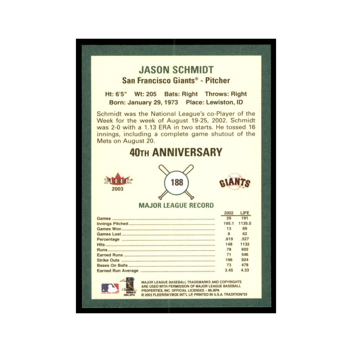 2003 Fleer Tradition Jason Schmidt Baseball Cards #188