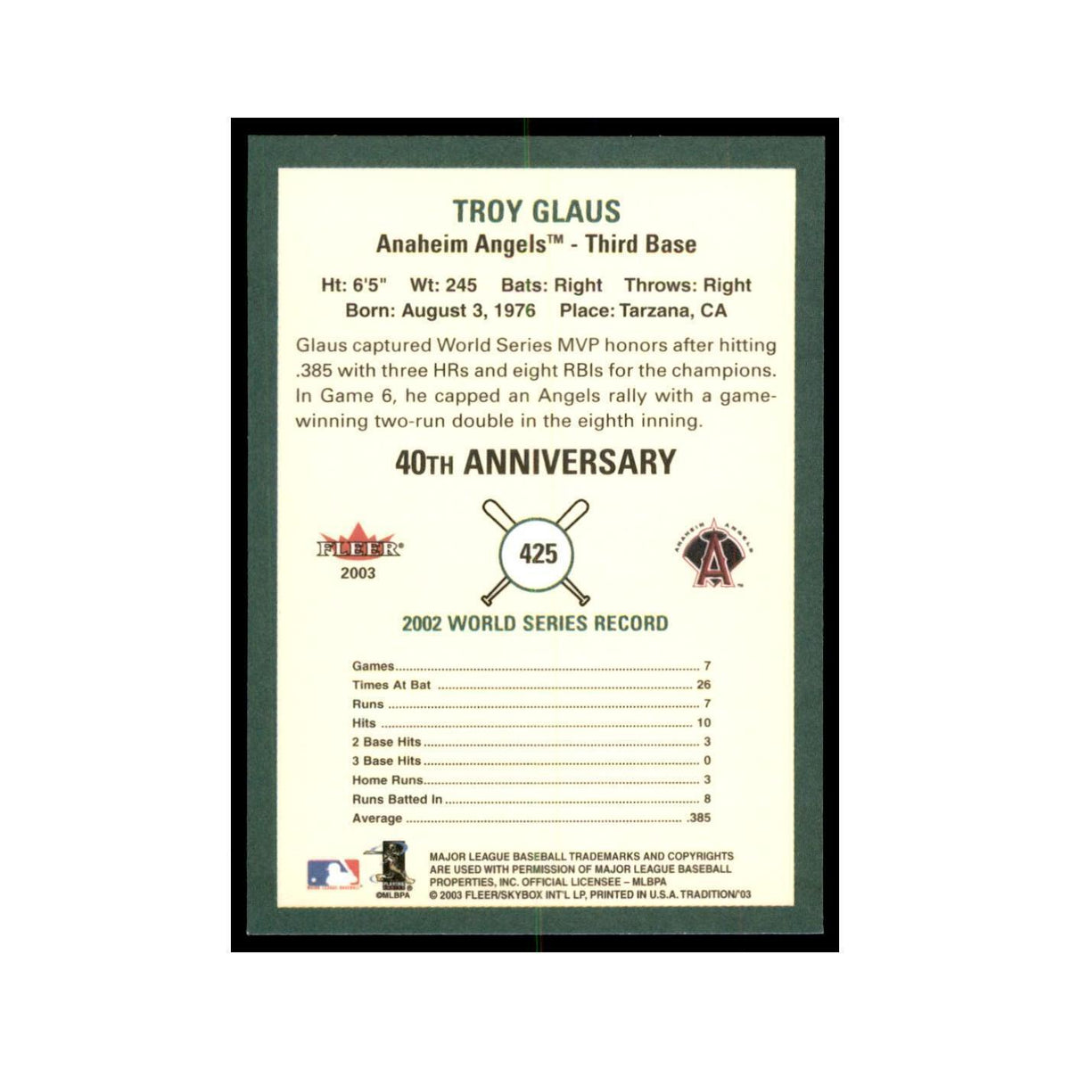 2003 Fleer Tradition Troy Glaus Baseball Cards #425
