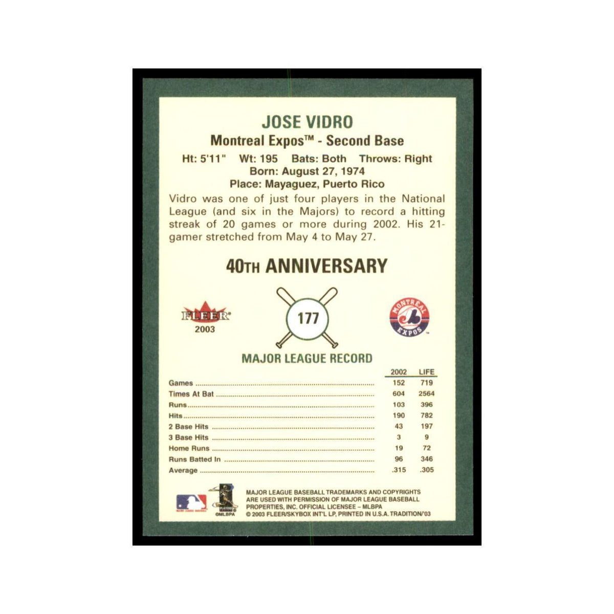 2003 Fleer Tradition Jose Vidro Baseball Cards #177
