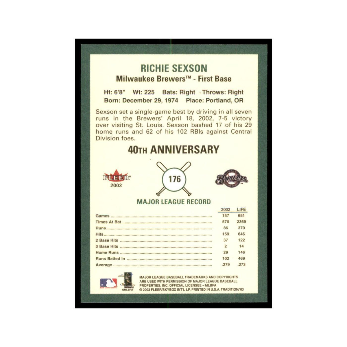 2003 Fleer Tradition Richie Sexson Baseball Cards #176