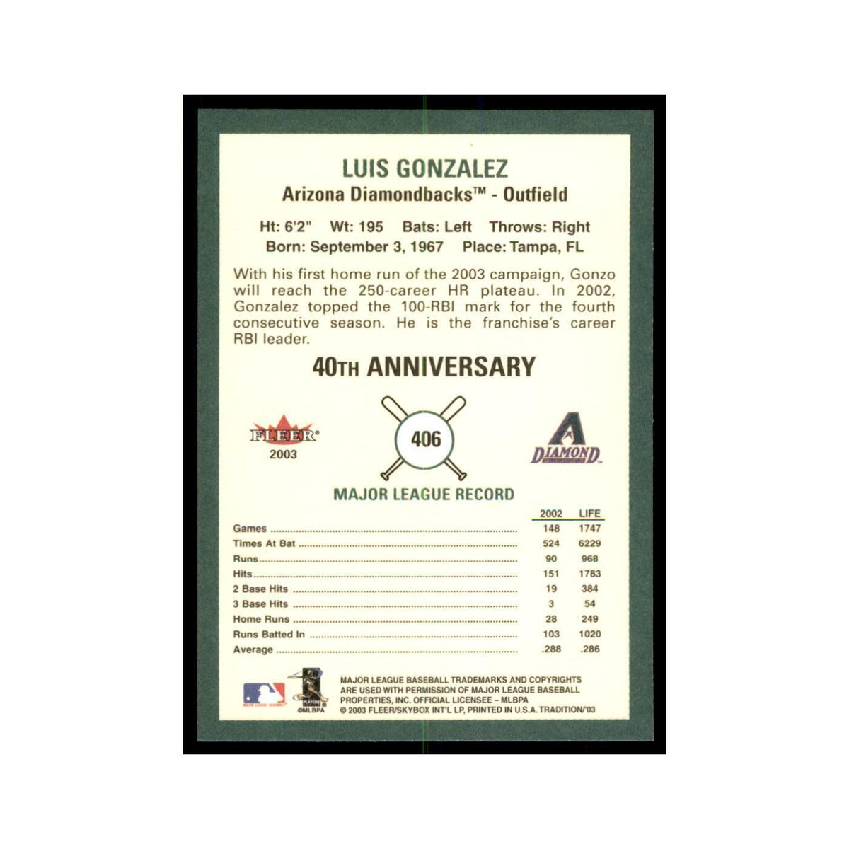 2003 Fleer Tradition Luis Gonzalez Baseball Cards #406