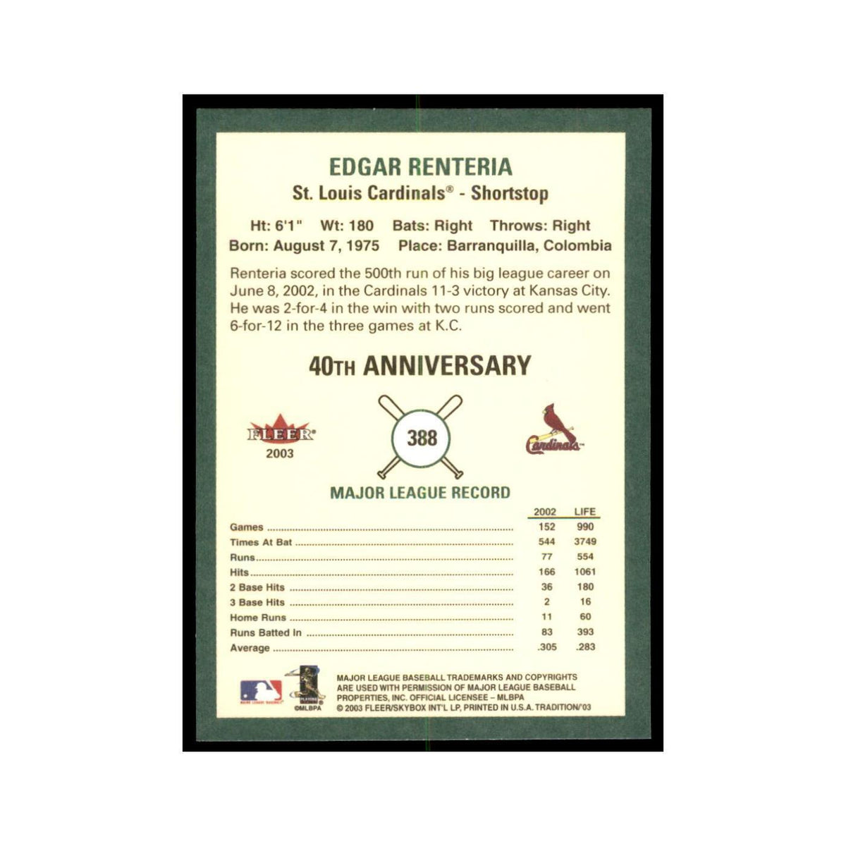 2003 Fleer Tradition Edgar Renteria Baseball Cards #388