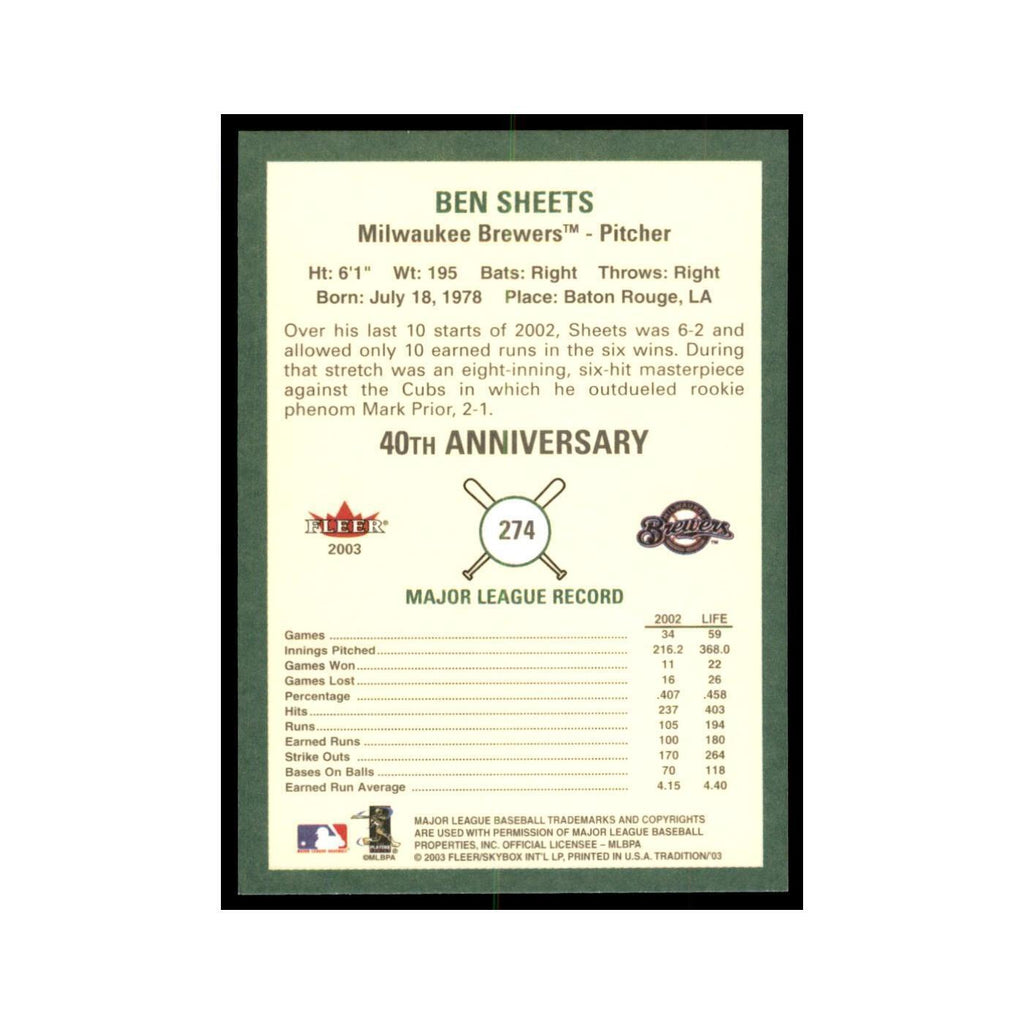 2003 Fleer Tradition Ben Sheets Baseball Cards #274
