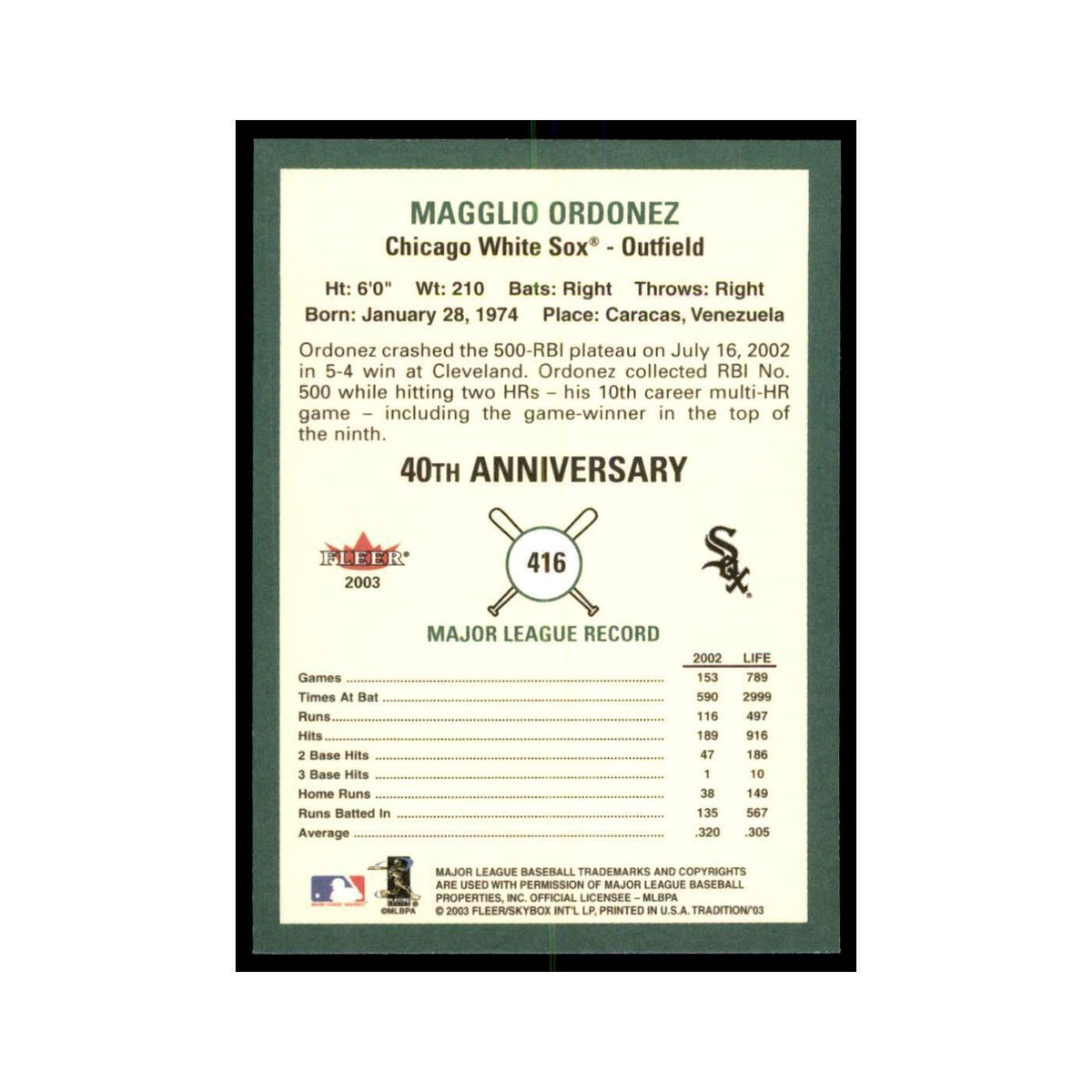 2003 Fleer Tradition Magglio Ordonez Baseball Cards #416