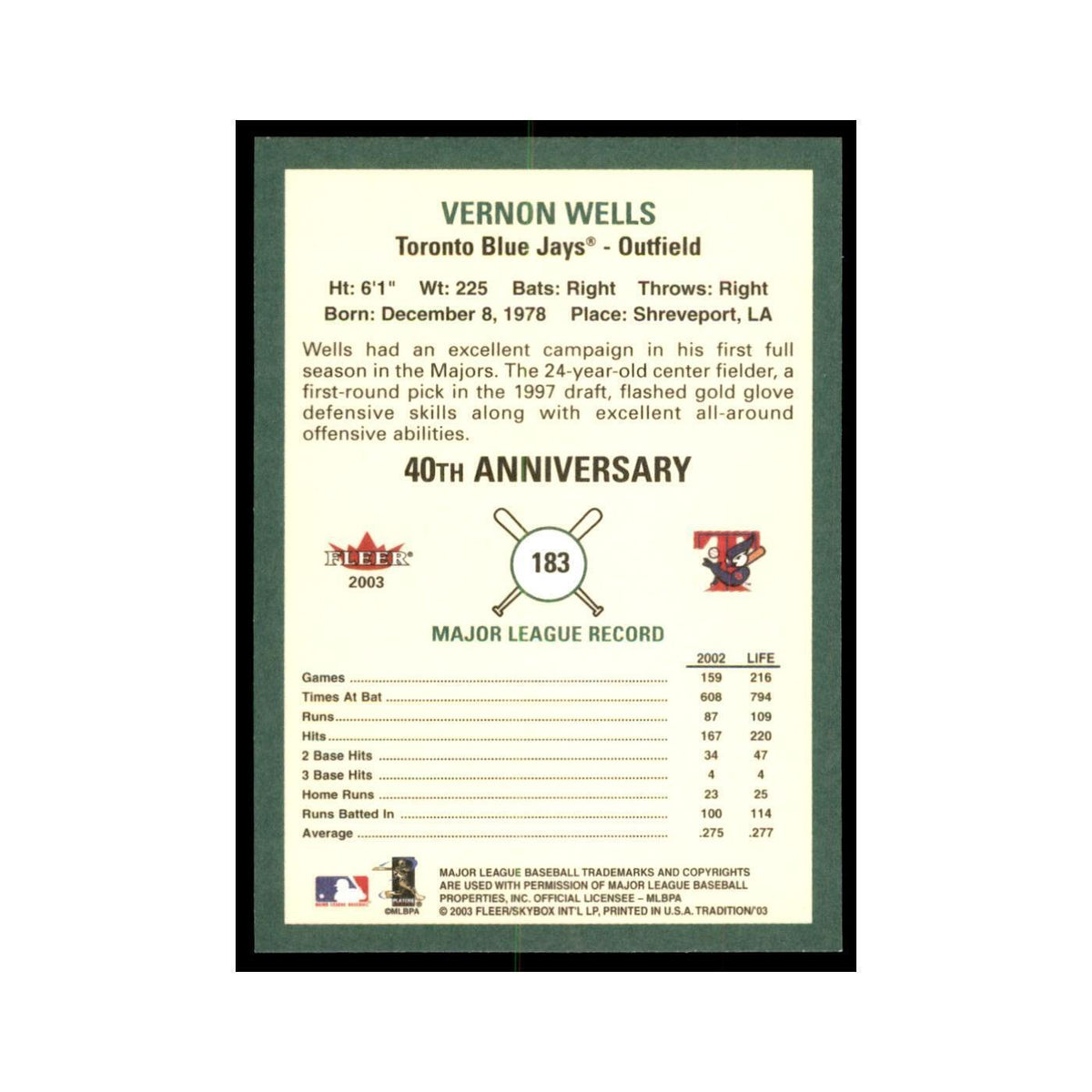 2003 Fleer Tradition Vernon Wells Baseball Cards #183
