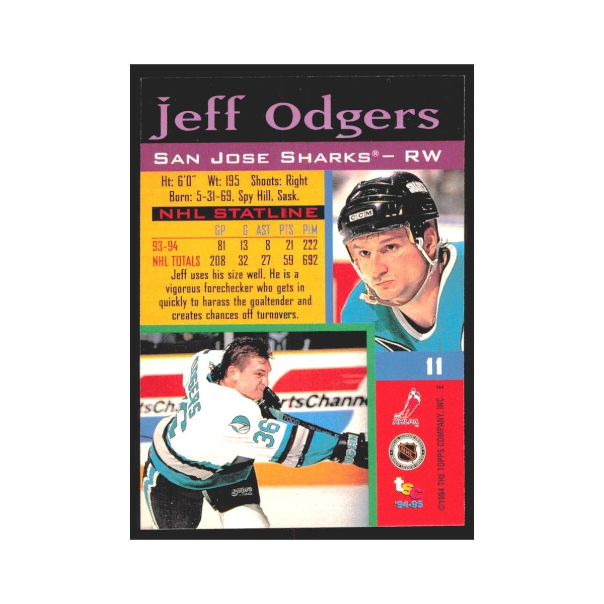 1994 Stadium Club Jeff Odgers San Jose Sharks #11