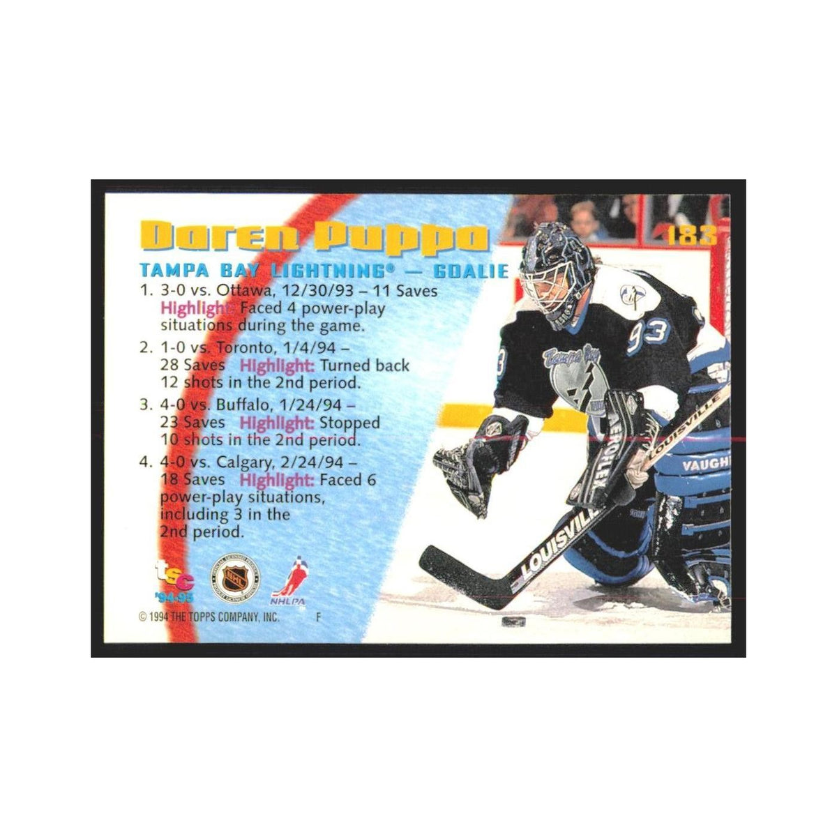 1994 Stadium Club Daren Puppa Tampa Bay Lightning #183