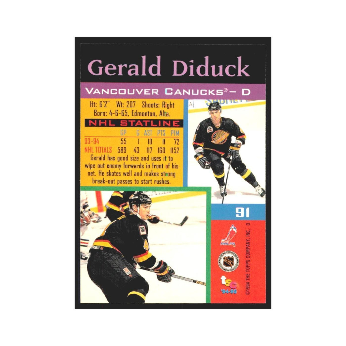 1994 Stadium Club Gerald Diduck Vancouver Canucks #91