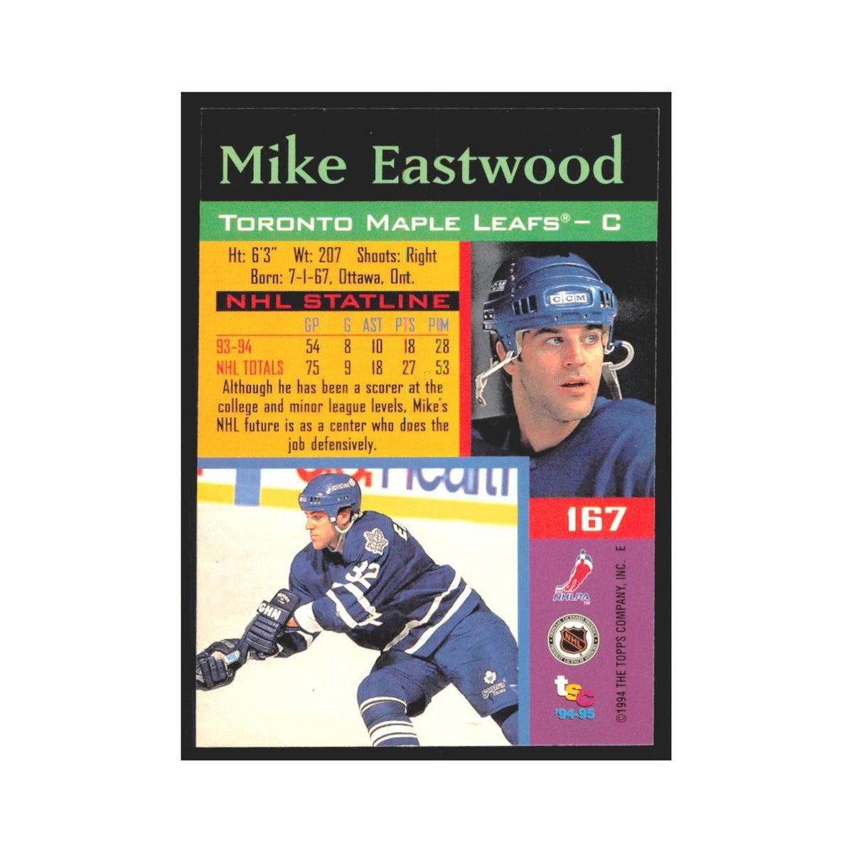 1994 Stadium Club Mike Eastwood Toronto Maple Leafs #167