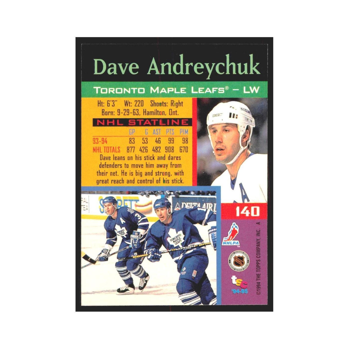 1994 Stadium Club Dave Andreychuk Toronto Maple Leafs #140