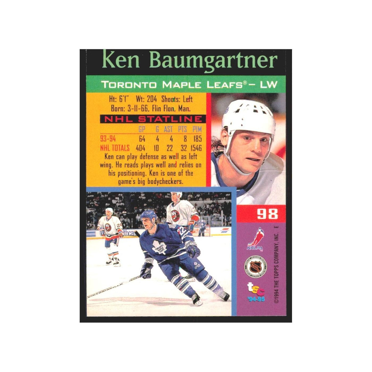 1994 Stadium Club Ken Baumgartner Toronto Maple Leafs #98
