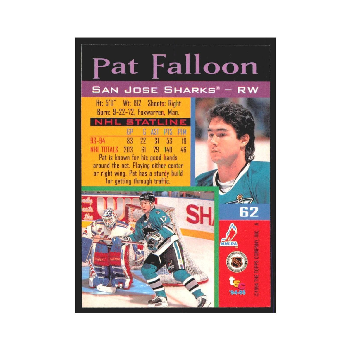 1994 Stadium Club Pat Falloon San Jose Sharks #62