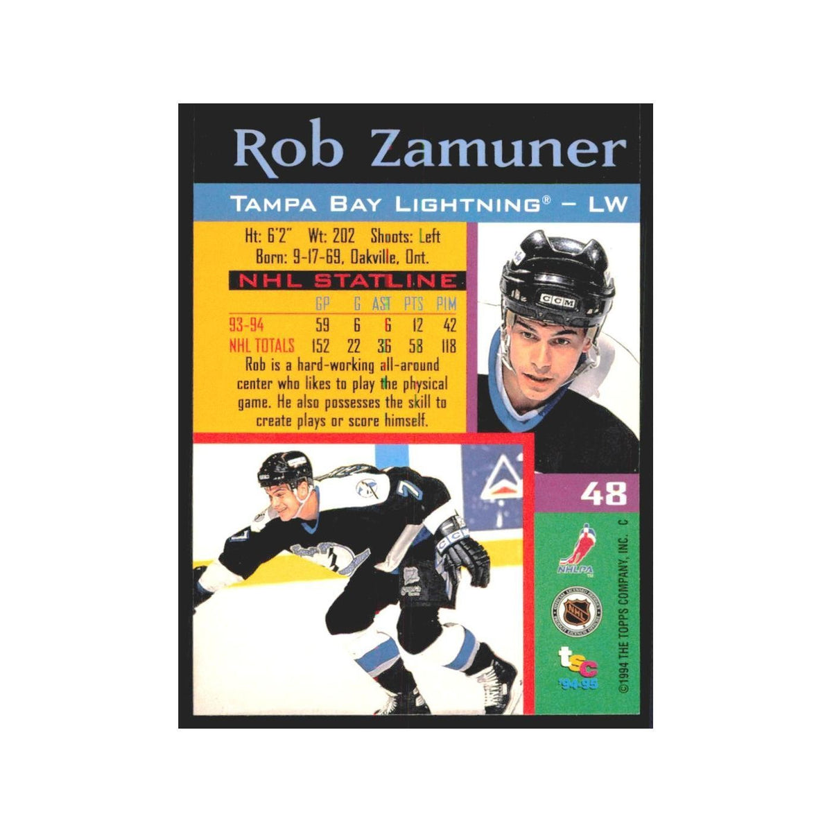 1994 Stadium Club Rob Zamuner Tampa Bay Lightning #48