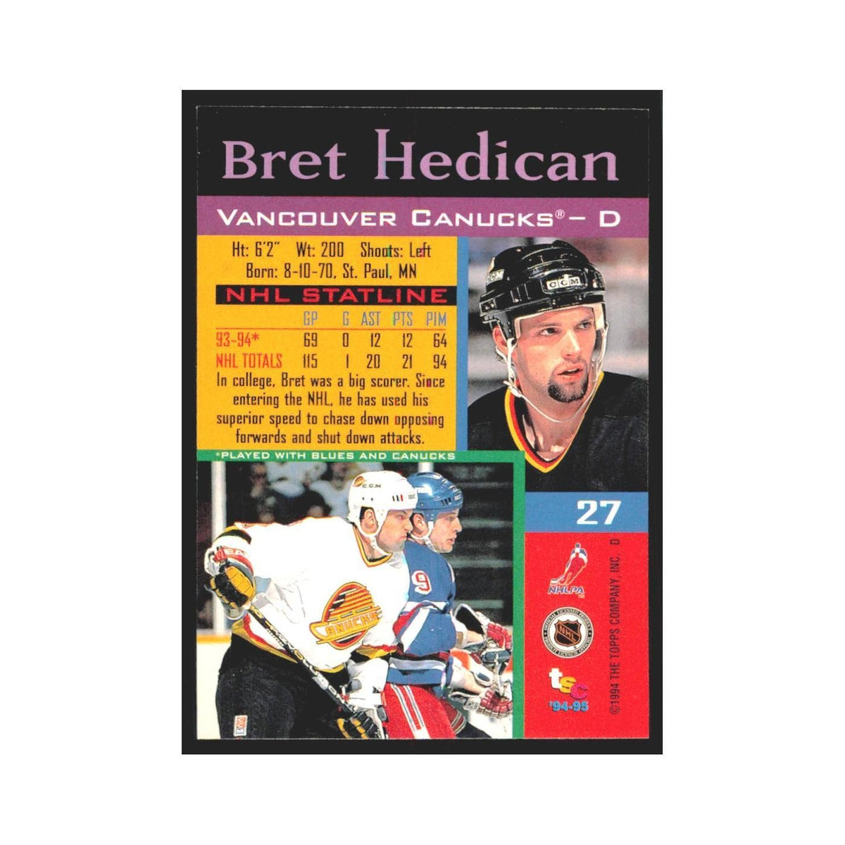 1994 Stadium Club Bret Hedican Vancouver Canucks #27