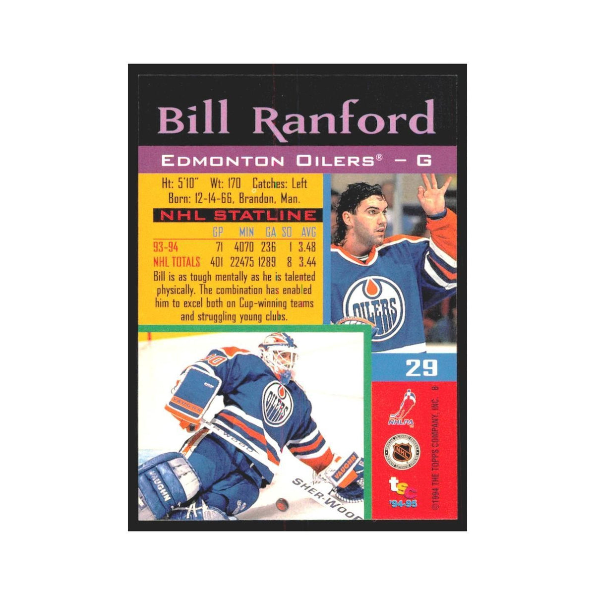 1994 Stadium Club Bill Ranford Edmonton Oilers #29
