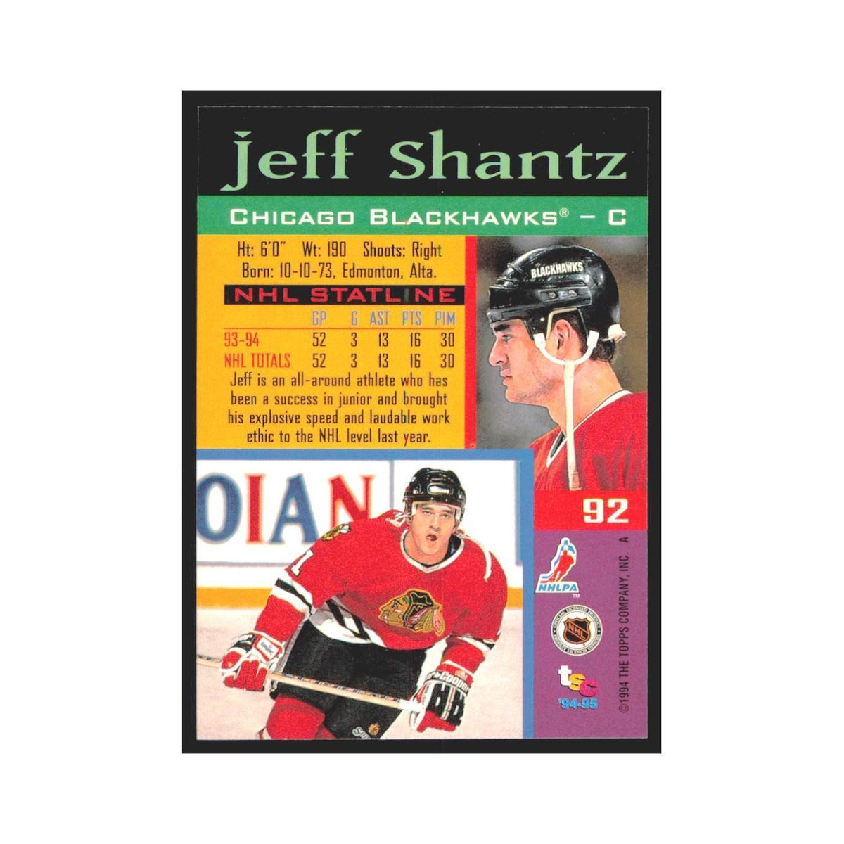 1994 Stadium Club Jeff Shantz Chicago Blackhawks #92