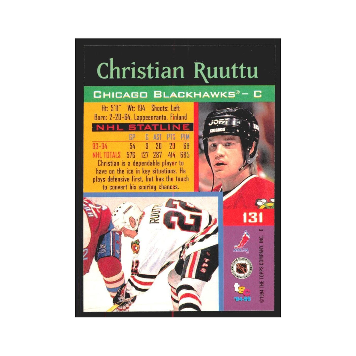 1994 Stadium Club Christian Ruuttu Chicago Blackhawks #131