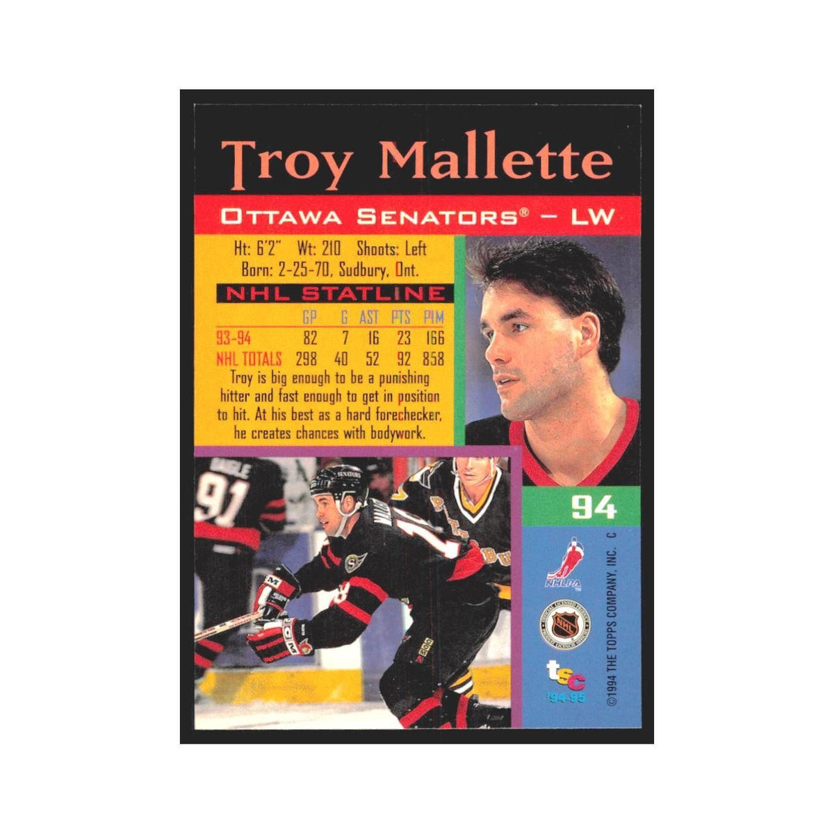 1994 Stadium Club Troy Mallette Ottawa Senators #94