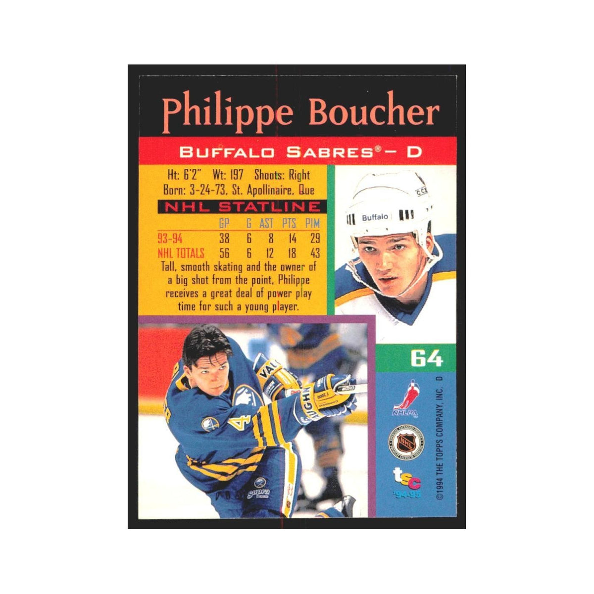1994 Stadium Club Philippe Boucher Buffalo Sabres #64