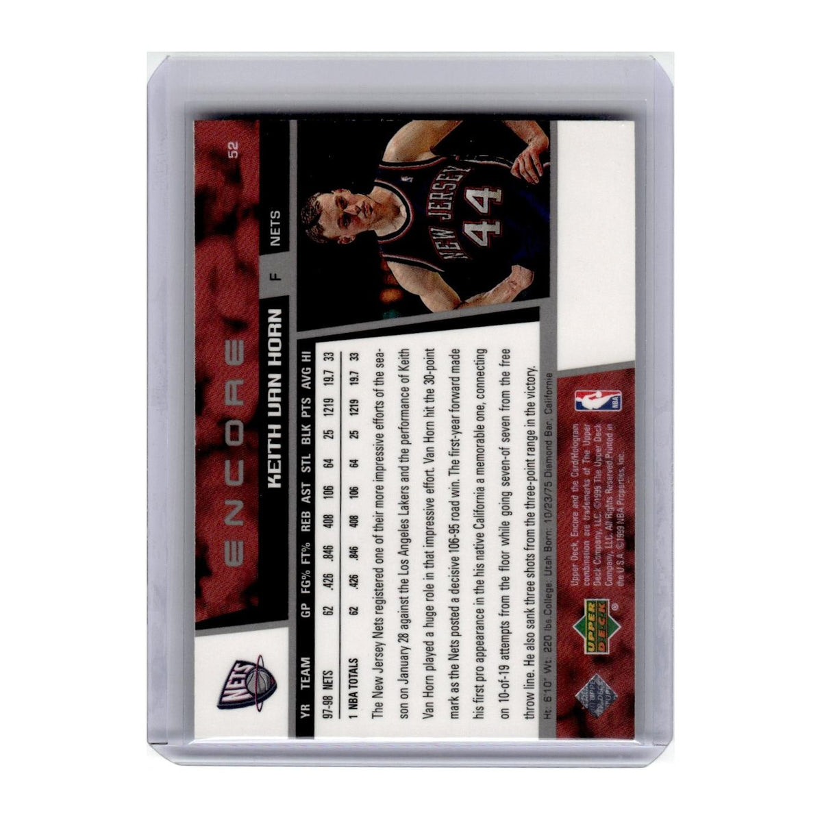 1998 Upper Deck Encore Keith Van Horn Nets #52