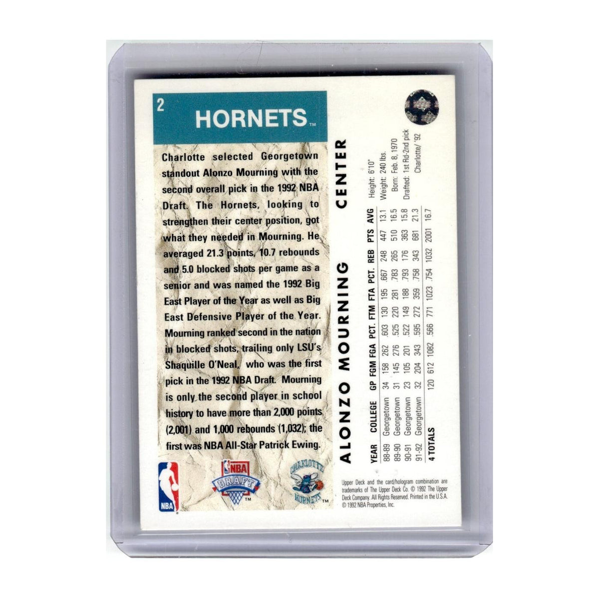 1992 Upper Deck Alonzo Mourning RC Hornets #2