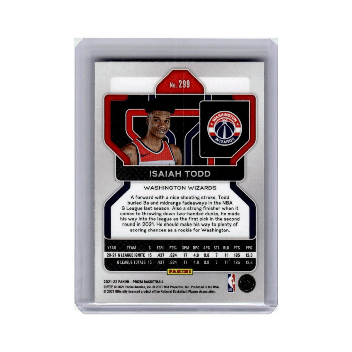 Isaiah Todd Rookie 2021 Panini Prizm #299 Washington Wizards Basketball Card NM