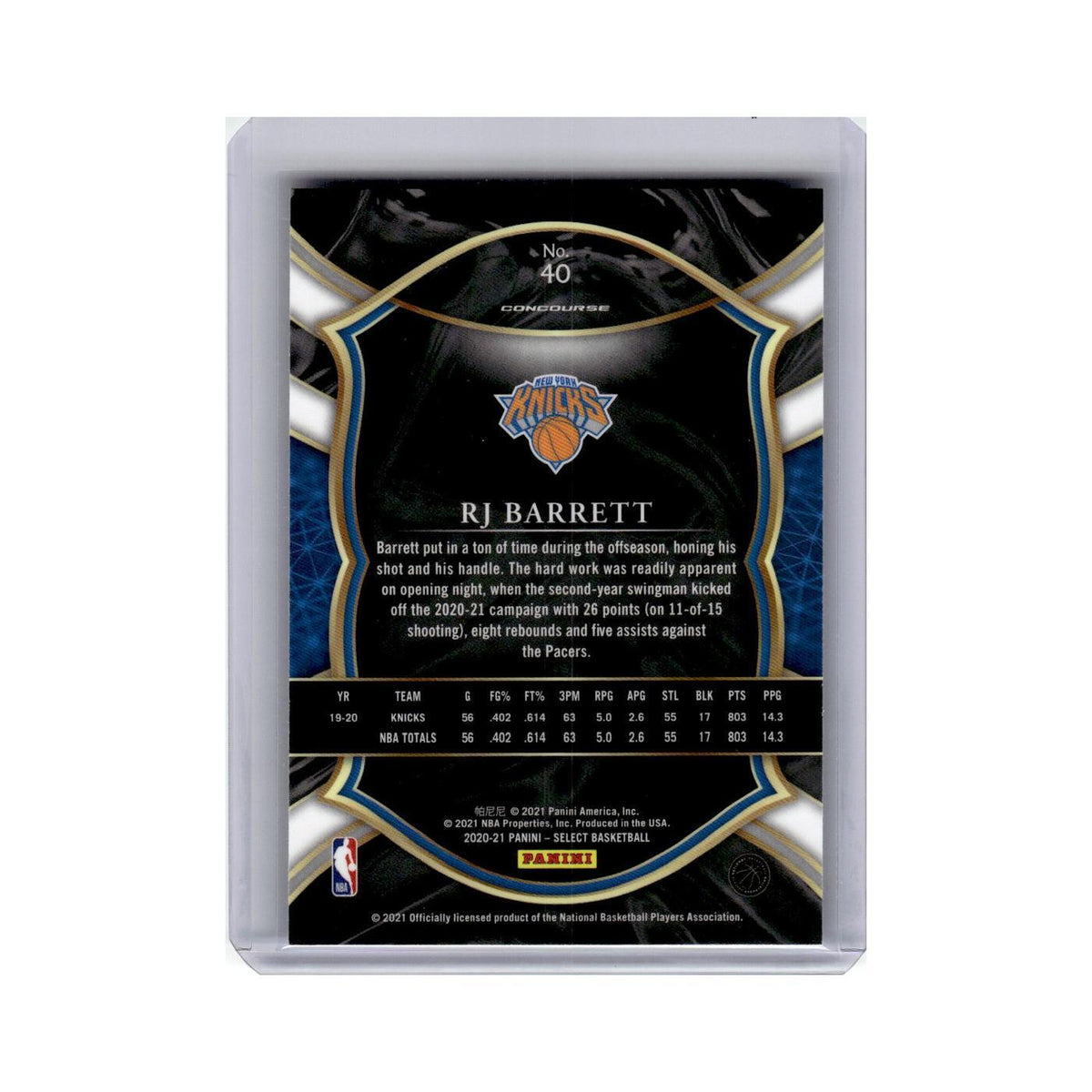 RJ Barrett 2020 Panini Select #40 New York Knicks Basketball Card NM