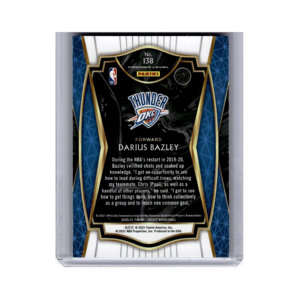 Darius Bazley 2020 Panini Select #138 Oklahoma City Thunder Basketball Card NM