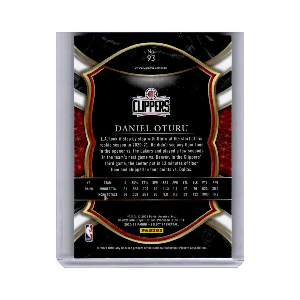 Daniel Oturu Rookie 2020 Panini Select #93 Los Angeles Clippers NM