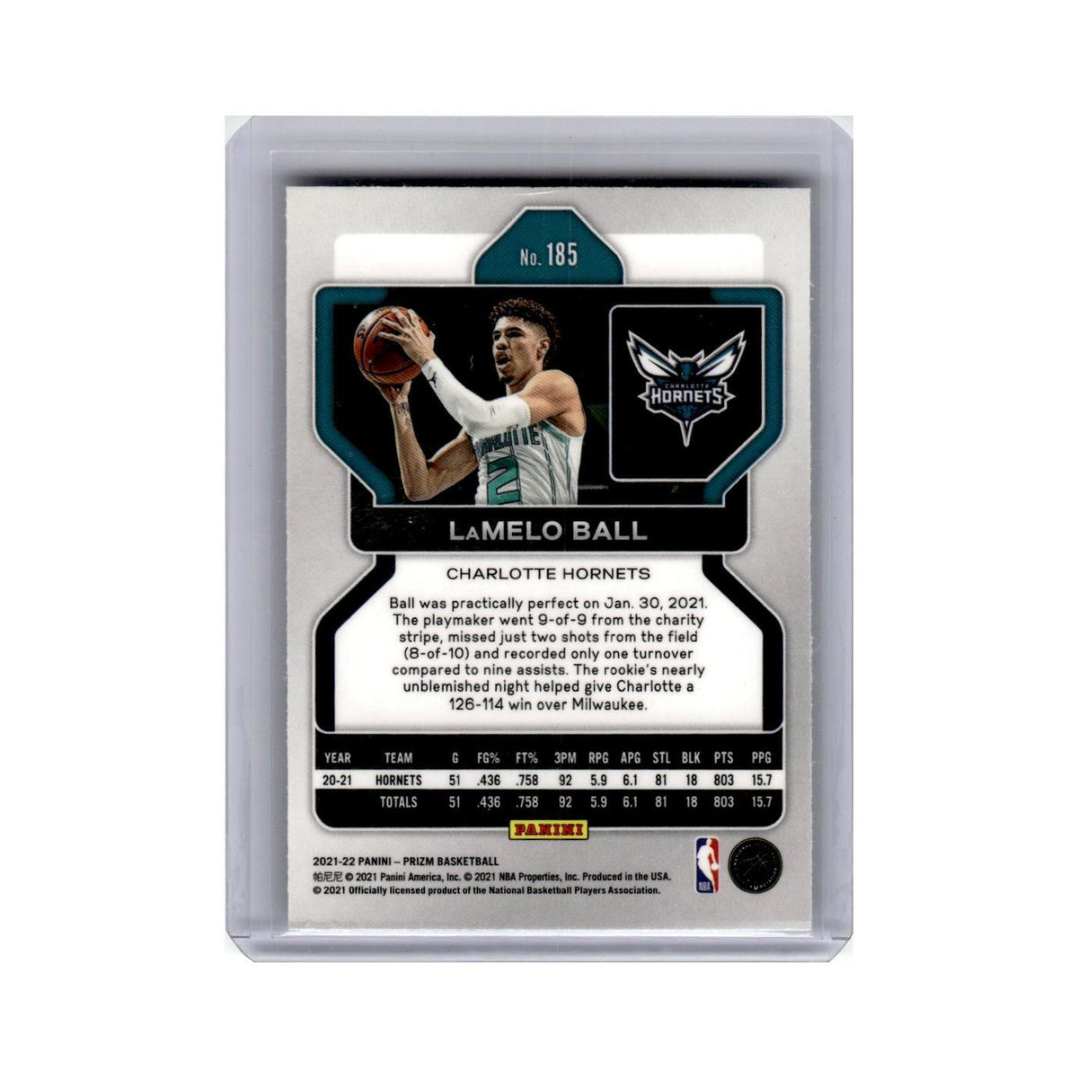 LaMelo Ball 2021 Panini Prizm #185 Charlotte Hornets Basketball Card NM