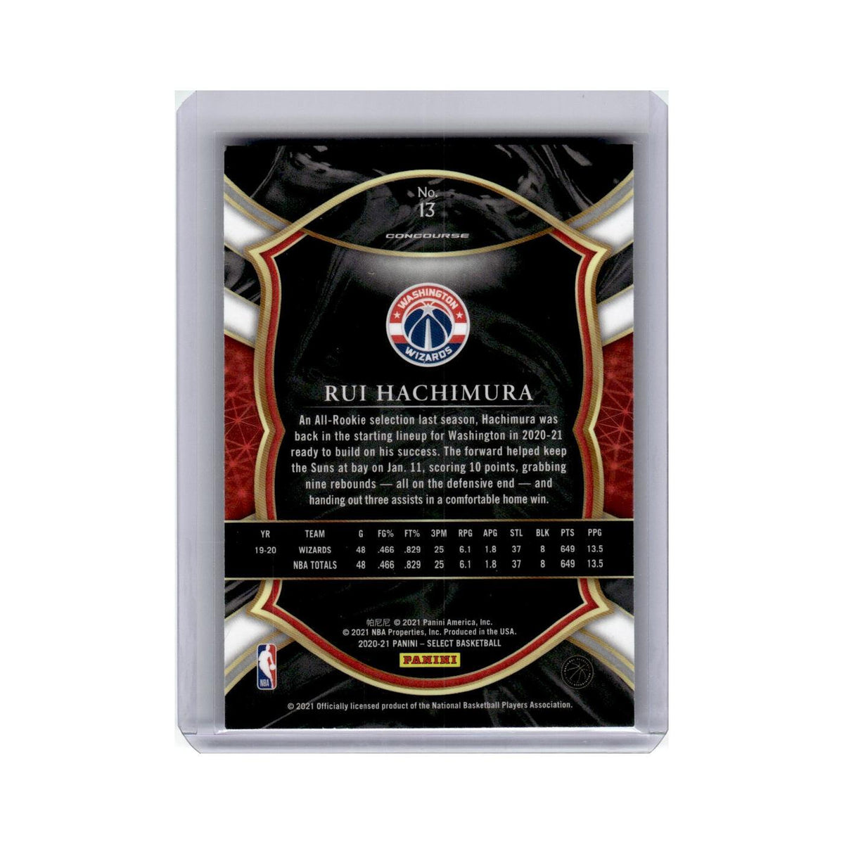 Rui Hachimura 2020 Panini Select #13 Washington Wizards Basketball Card NM
