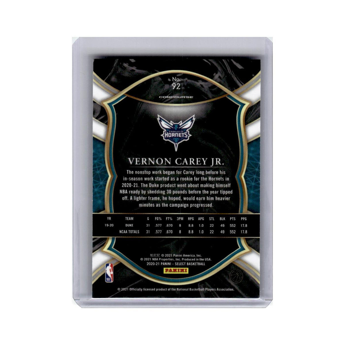 Vernon Carey Jr. Rookie 2020 Panini Select #92 Charlotte Hornets NM