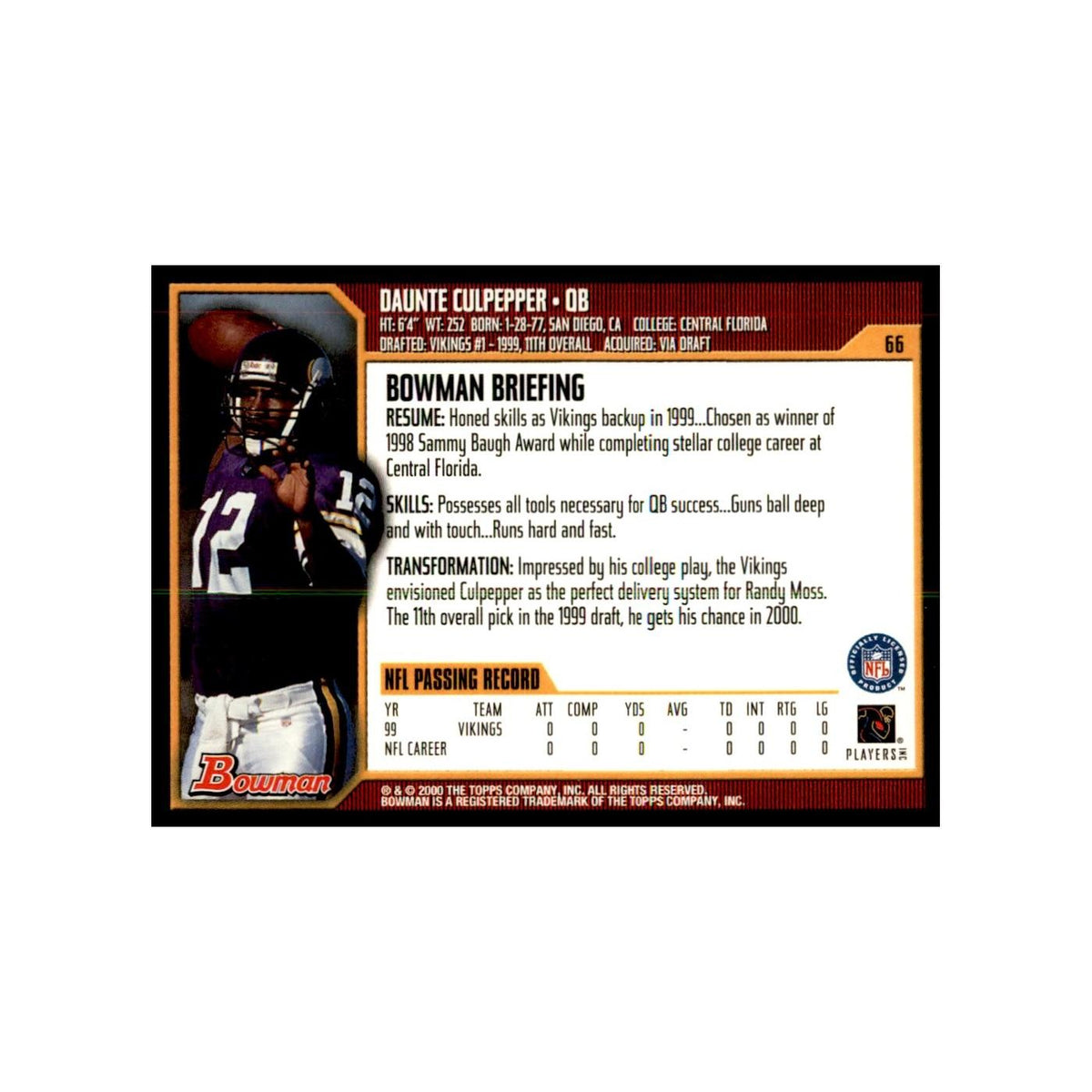 2000 Bowman Daunte Culpepper Football Cards #66