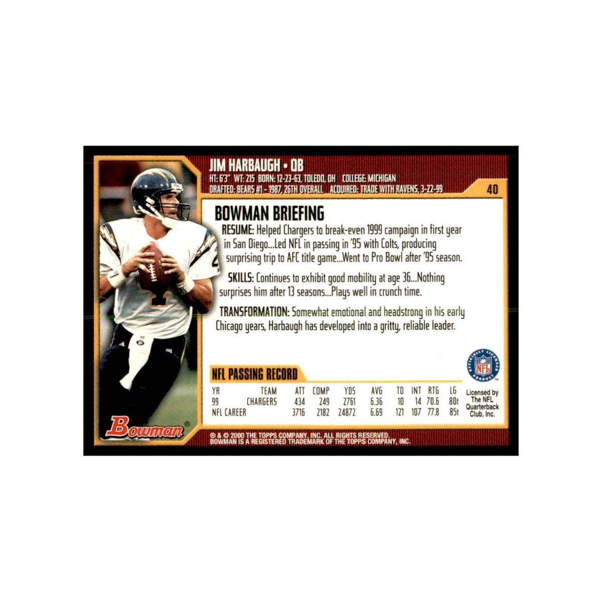 2000 Bowman Jim Harbaugh Football Cards #40