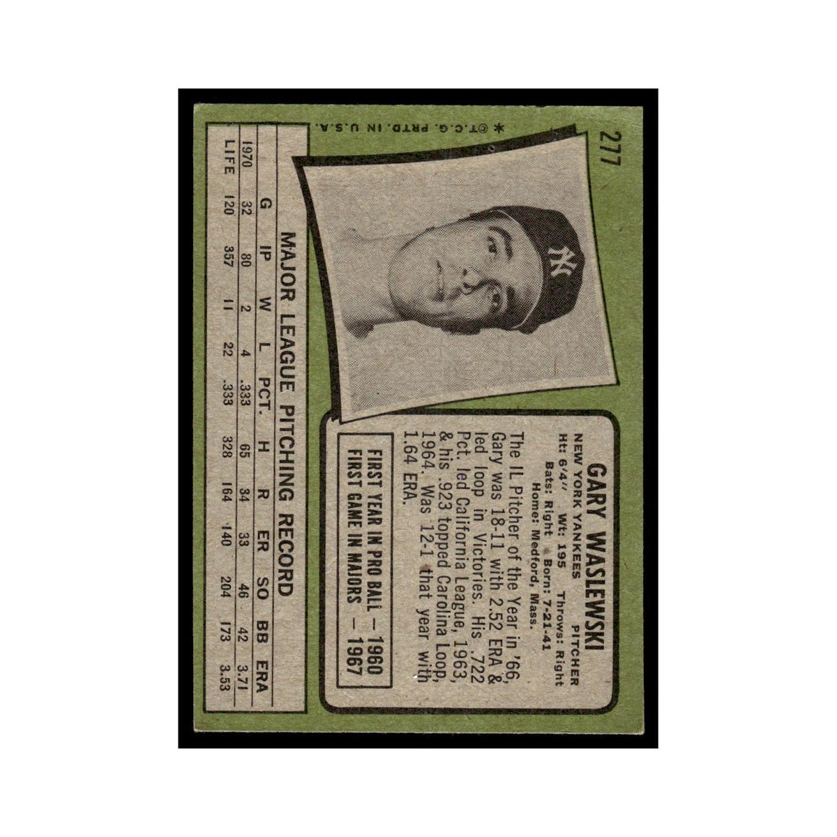 1971 Topps (Damaged) Gary Waslewski Yankees #277