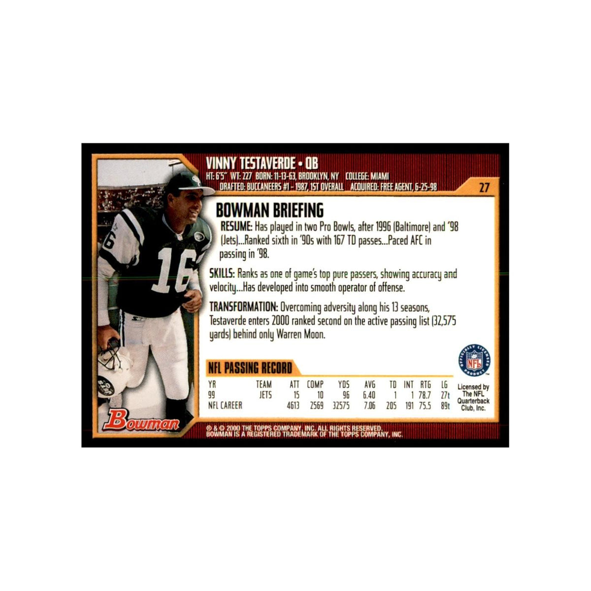 2000 Bowman Vinny Testaverde Football Cards #27