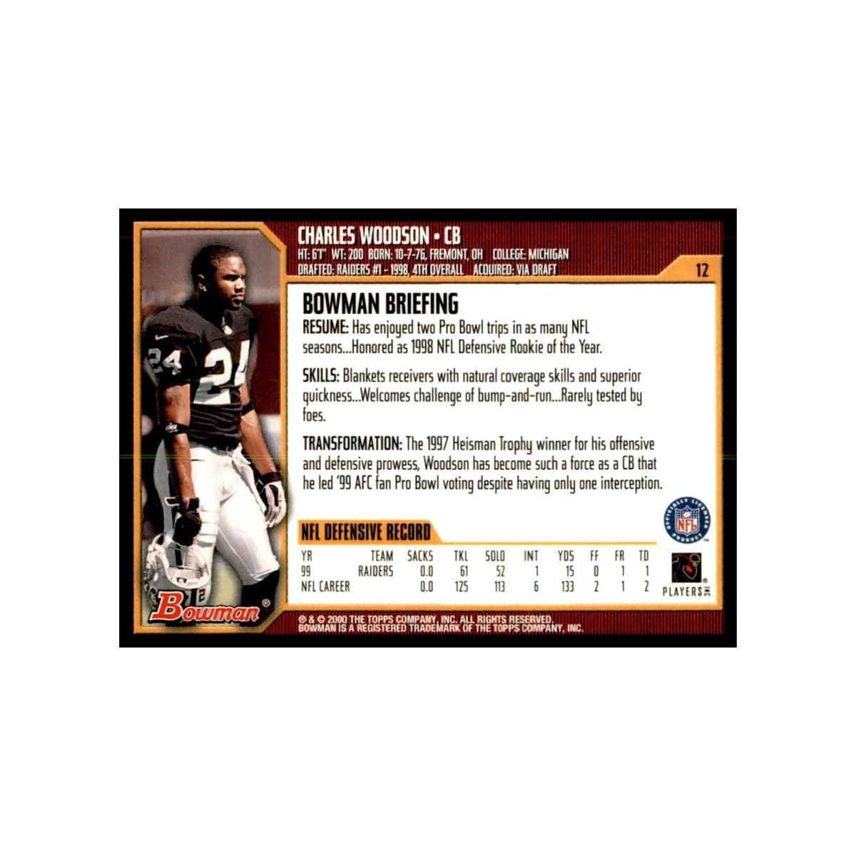 2000 Bowman Charles Woodson Football Cards #12
