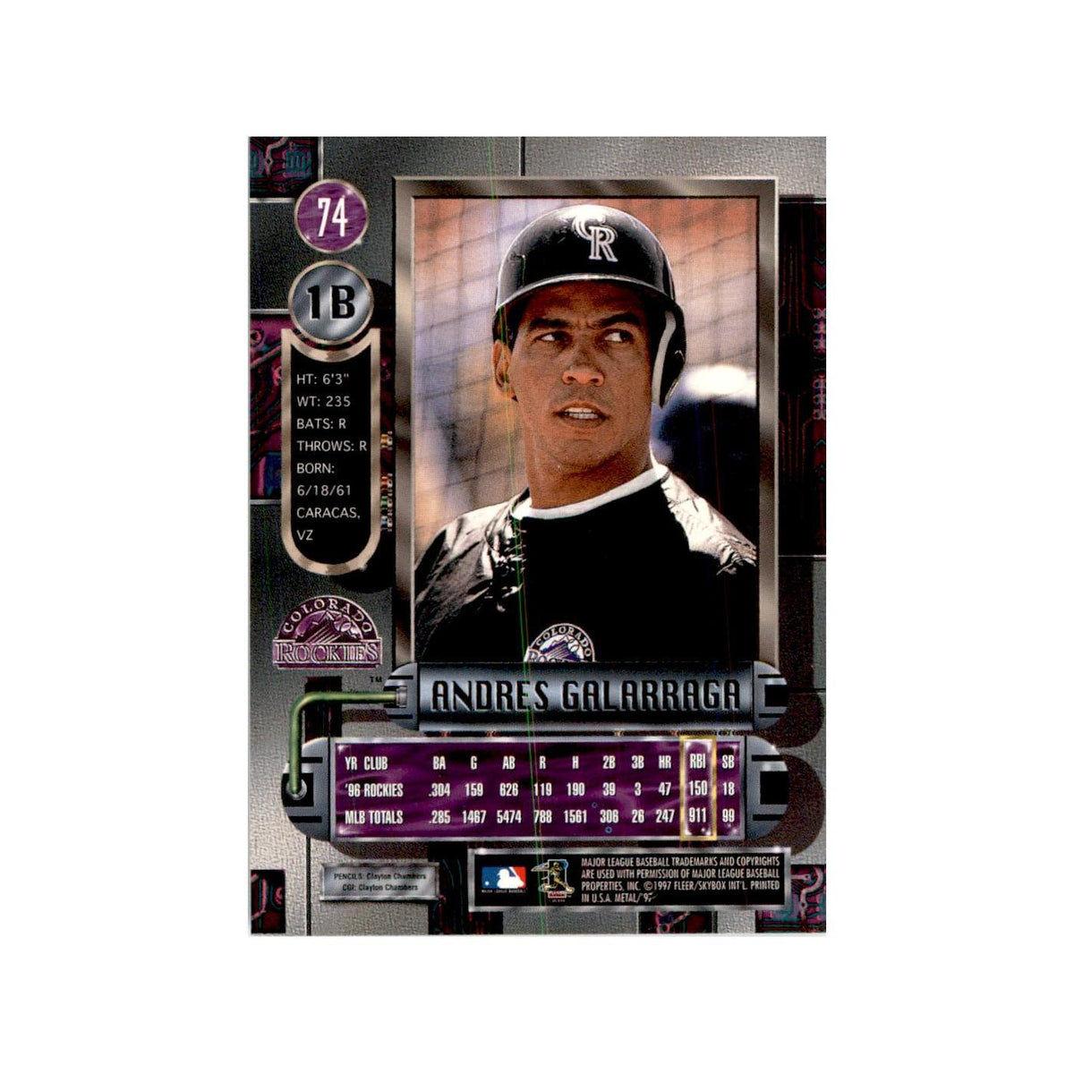 1997 Fleer Metal Universe Andres Galarraga Baseball Cards #74