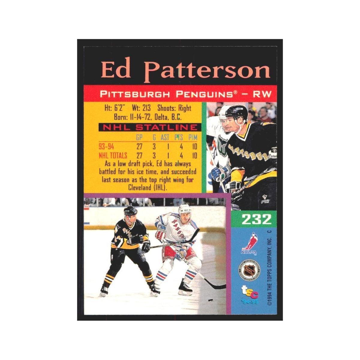 1994 Stadium Club Ed Patterson Pittsburgh Penguins #232