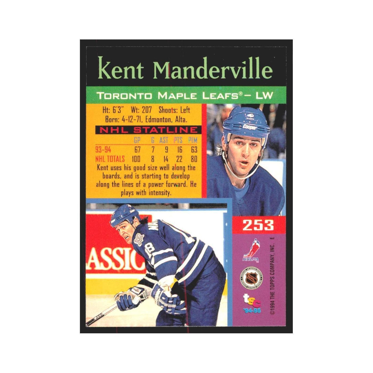 1994 Stadium Club Kent Manderville Toronto Maple Leafs #253