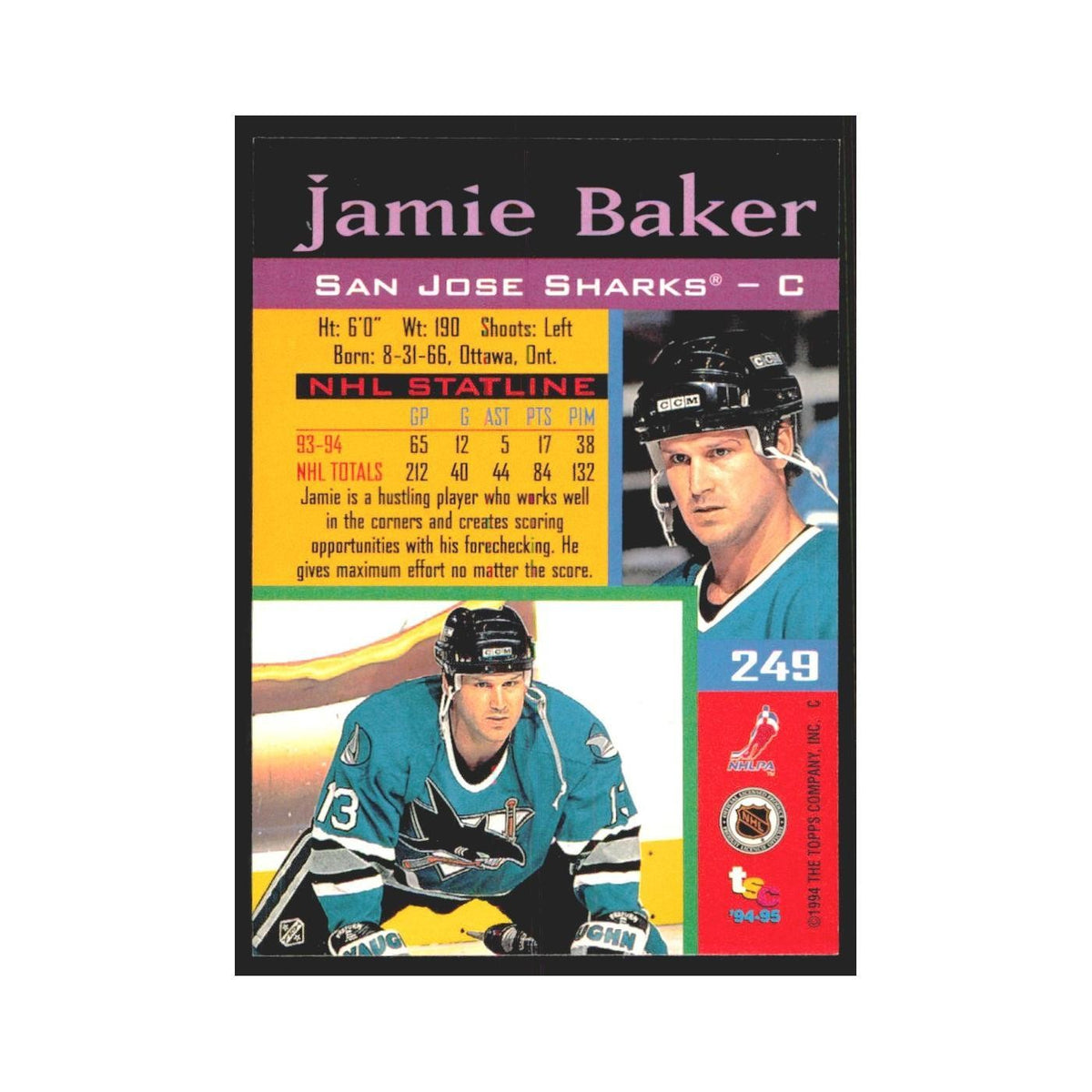 1994 Stadium Club Jamie Baker San Jose Sharks #249