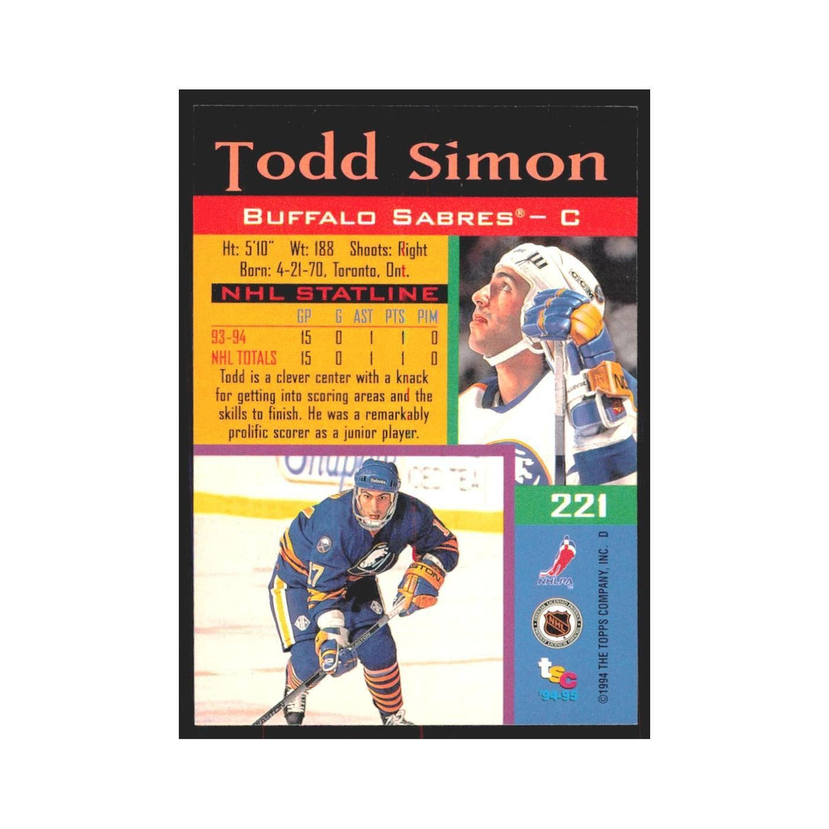 1994 Stadium Club Todd Simon Buffalo Sabres #221