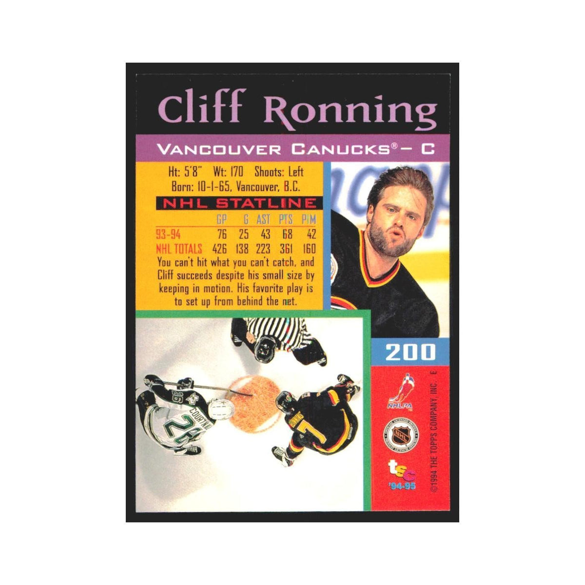 1994 Stadium Club Cliff Ronning Vancouver Canucks #200