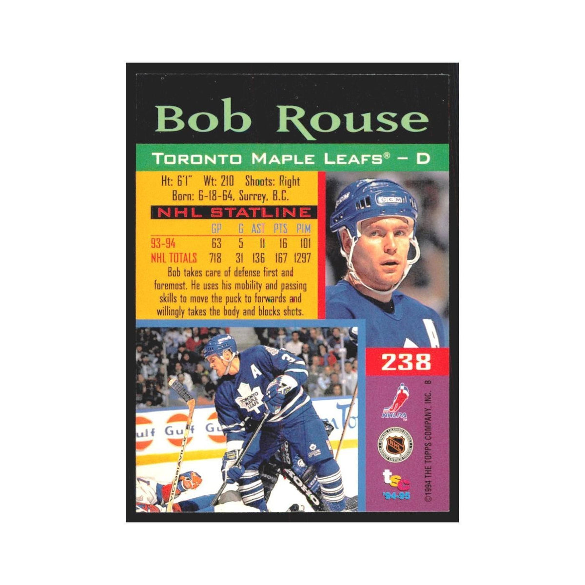 1994 Stadium Club Bob Rouse Toronto Maple Leafs #238