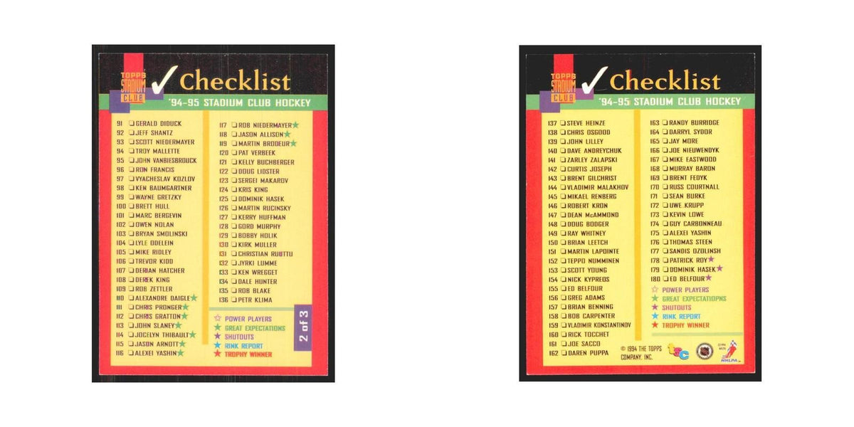 1994 Stadium Club Checklist #2 OF 3