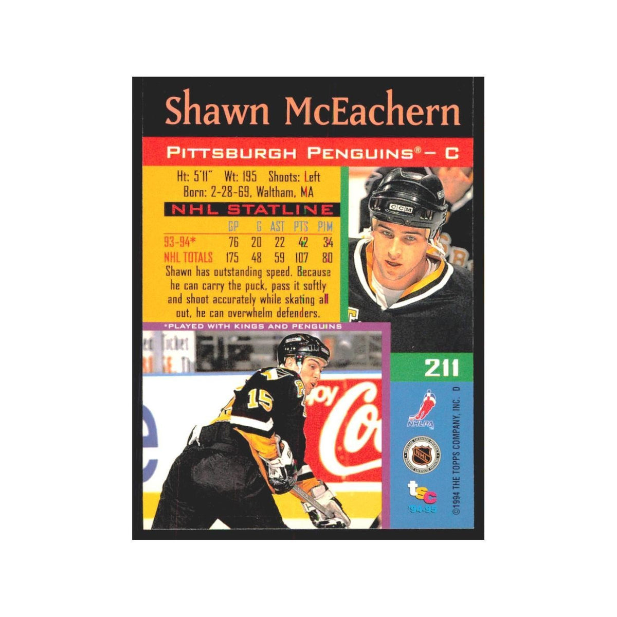 1994 Stadium Club Shawn McEachern Pittsburgh Penguins #211