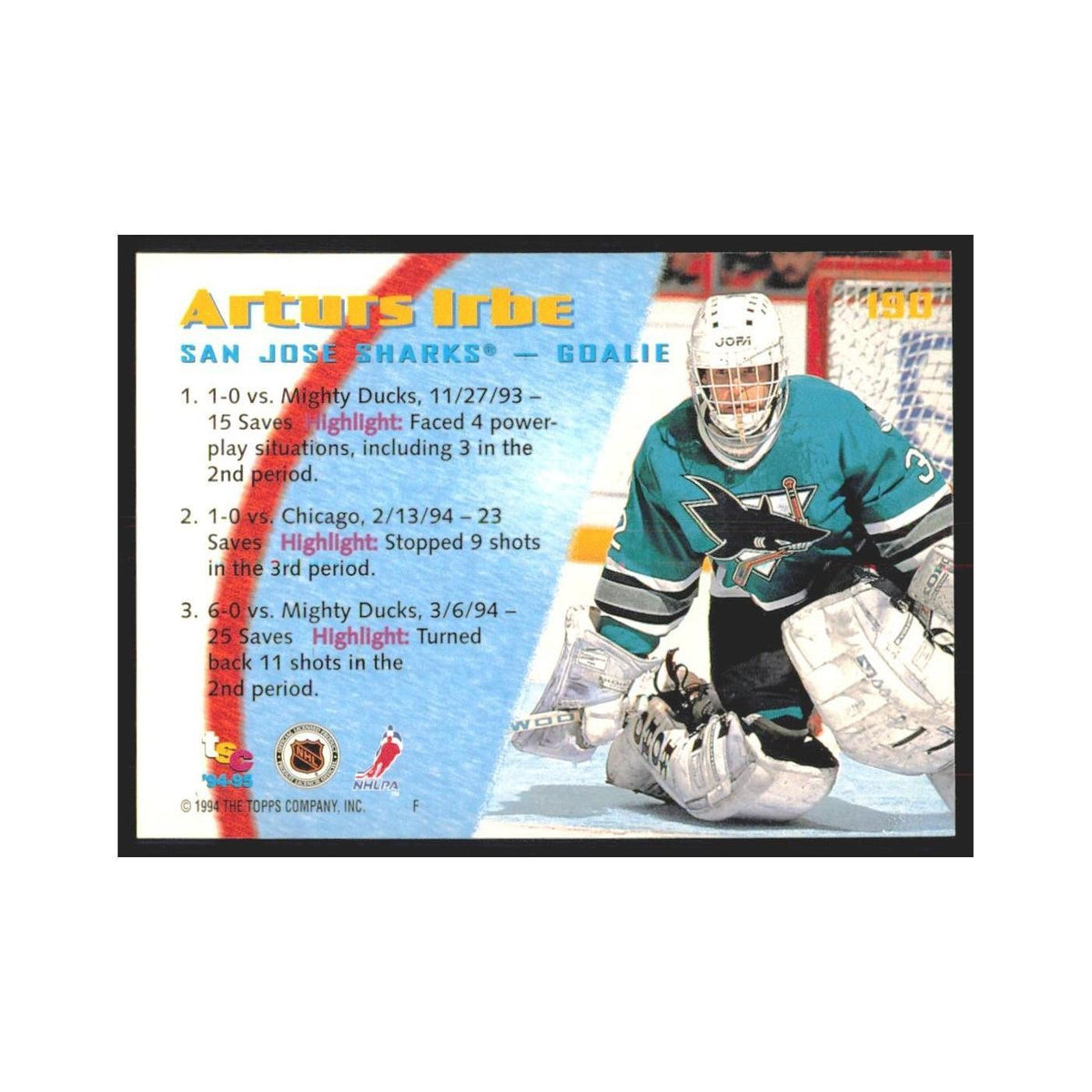 1994 Stadium Club Arturs Irbe San Jose Sharks #190