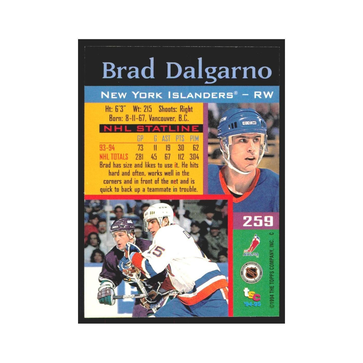 1994 Stadium Club Brad Dalgarno New York Islanders #259