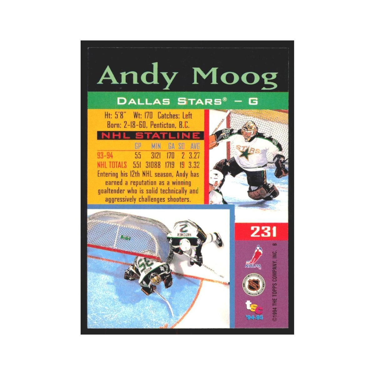 1994 Stadium Club Andy Moog Dallas Stars #231