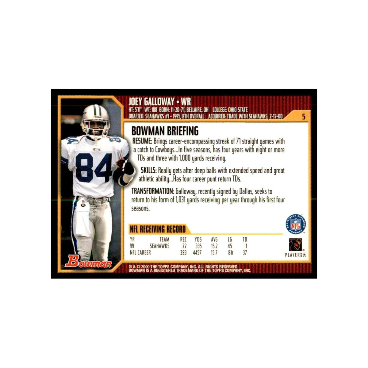 2000 Bowman Joey Galloway Football Cards #5.0